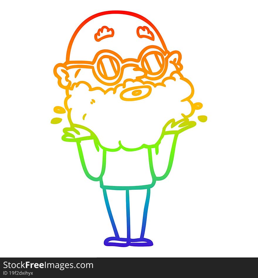 rainbow gradient line drawing of a cartoon curious man with beard and sunglasses