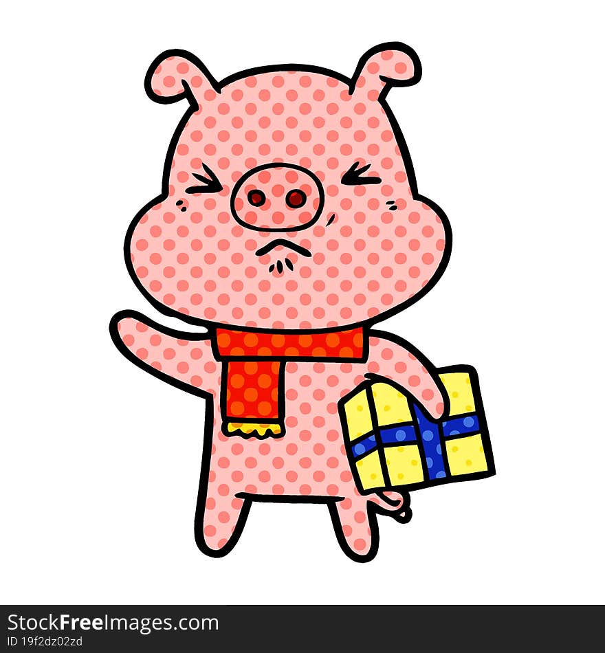 cartoon angry pig with christmas present. cartoon angry pig with christmas present