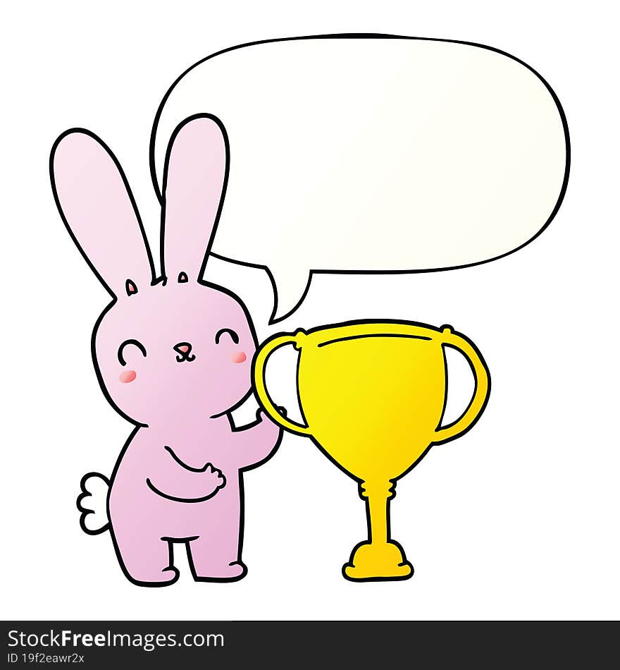 cute cartoon rabbit and sports trophy cup and speech bubble in smooth gradient style