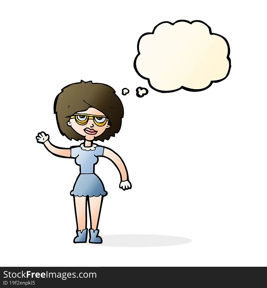 Cartoon Waving Woman Wearing Spectacles With Thought Bubble