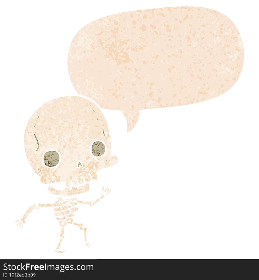 cartoon skeleton with speech bubble in grunge distressed retro textured style. cartoon skeleton with speech bubble in grunge distressed retro textured style