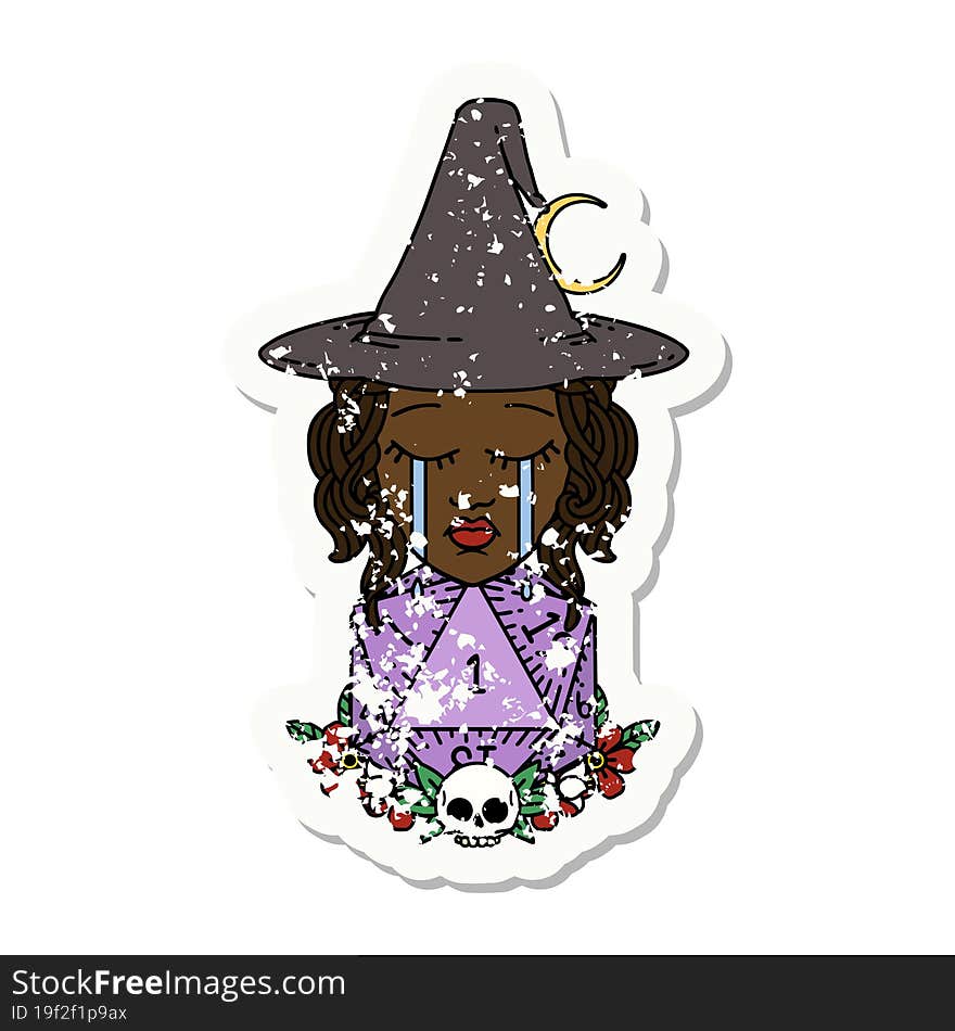 crying human witch with natural one D20 dice roll illustration