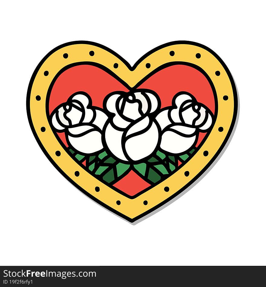 sticker of tattoo in traditional style of a heart and flowers. sticker of tattoo in traditional style of a heart and flowers