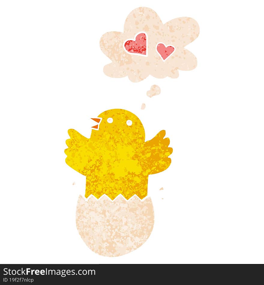 cute hatching chick cartoon and thought bubble in retro textured style