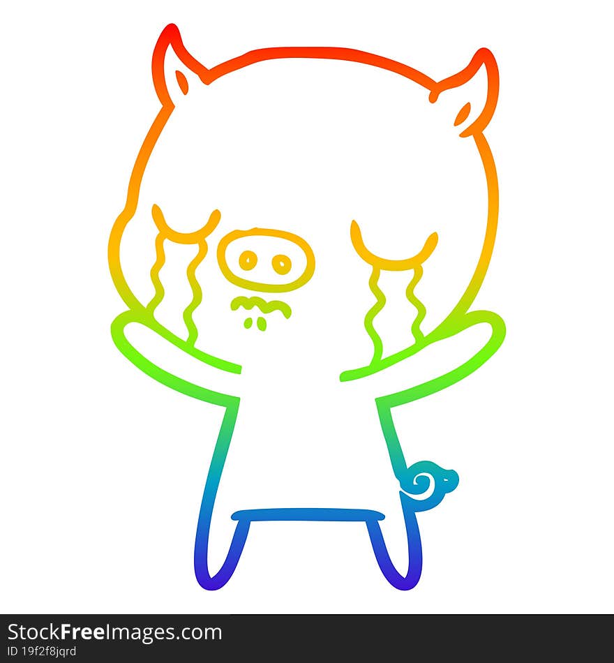 rainbow gradient line drawing cartoon pig crying