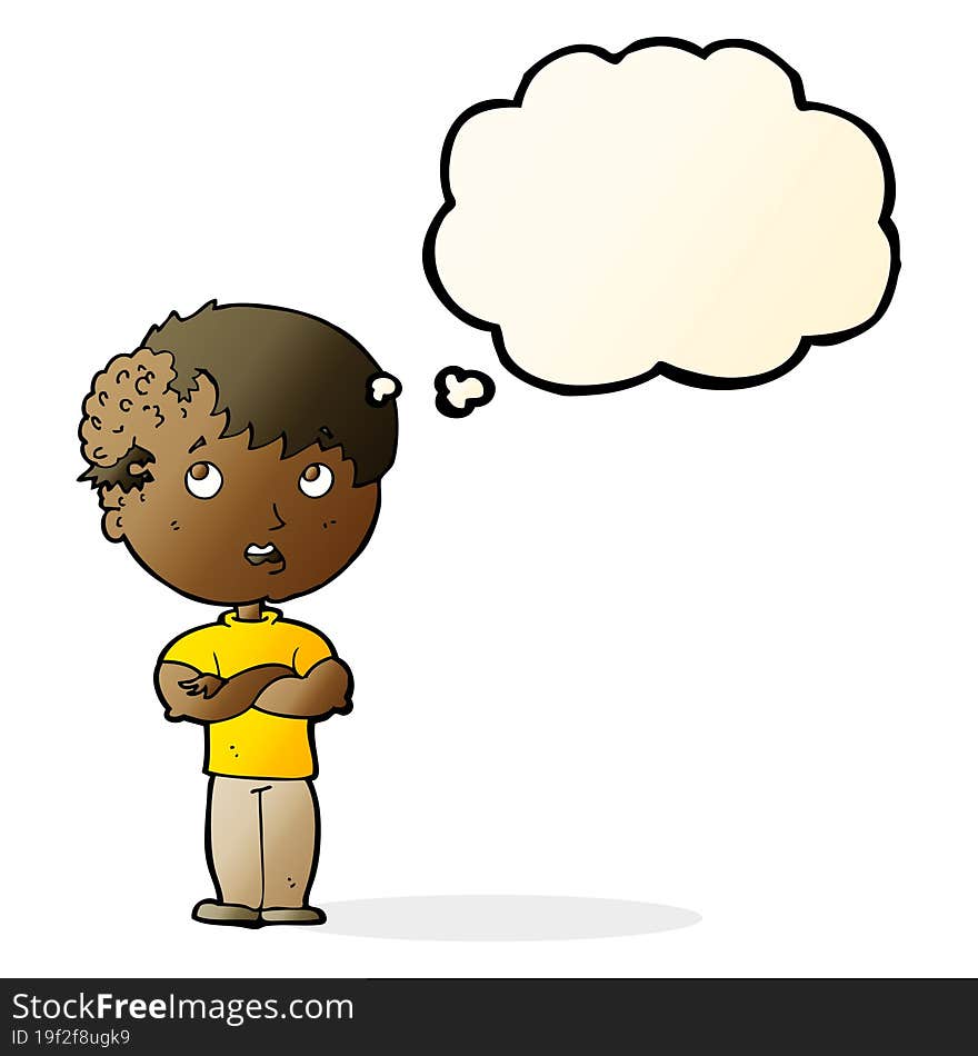 cartoon boy with growth on head with thought bubble