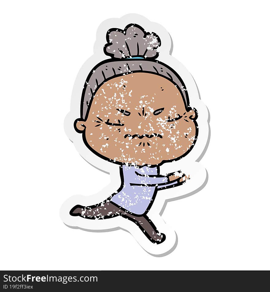 distressed sticker of a cartoon annoyed old lady