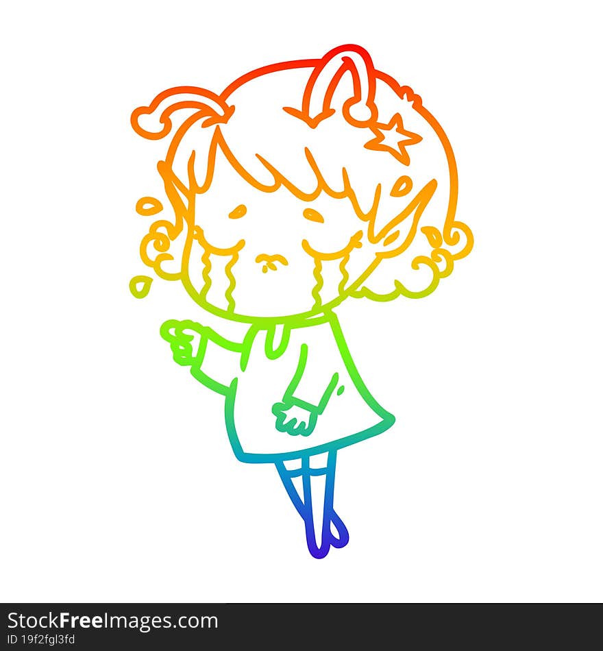 rainbow gradient line drawing of a cartoon crying alien girl