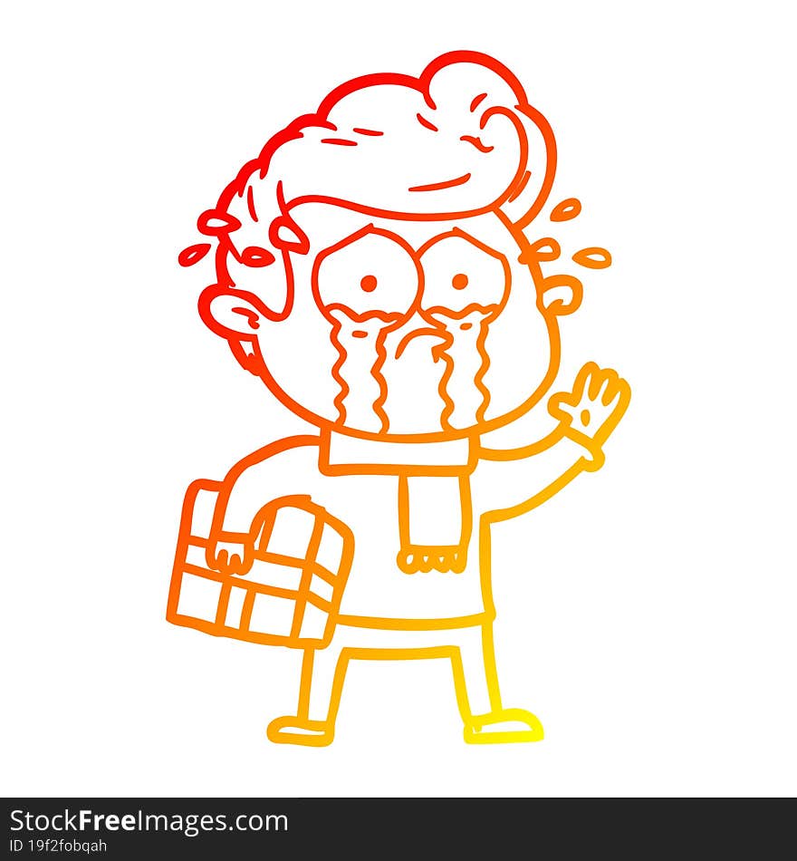 warm gradient line drawing of a cartoon crying man with present