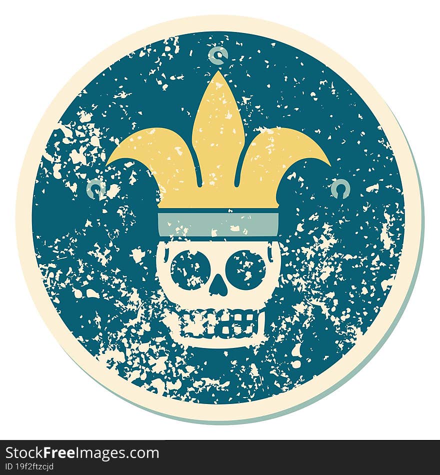 distressed sticker tattoo style icon of a skull jester