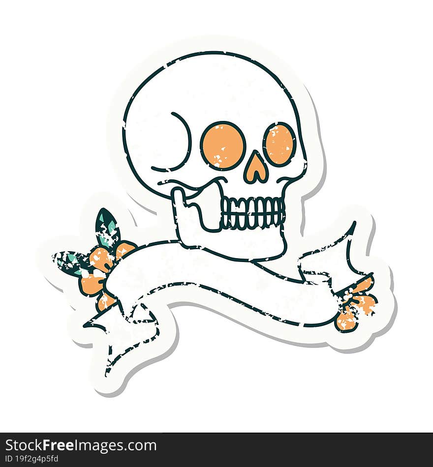 grunge sticker with banner of a skull