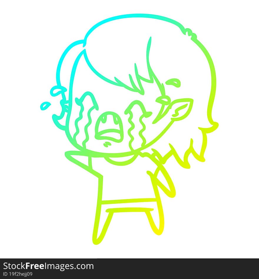 Cold Gradient Line Drawing Cartoon Crying Vampire Girl