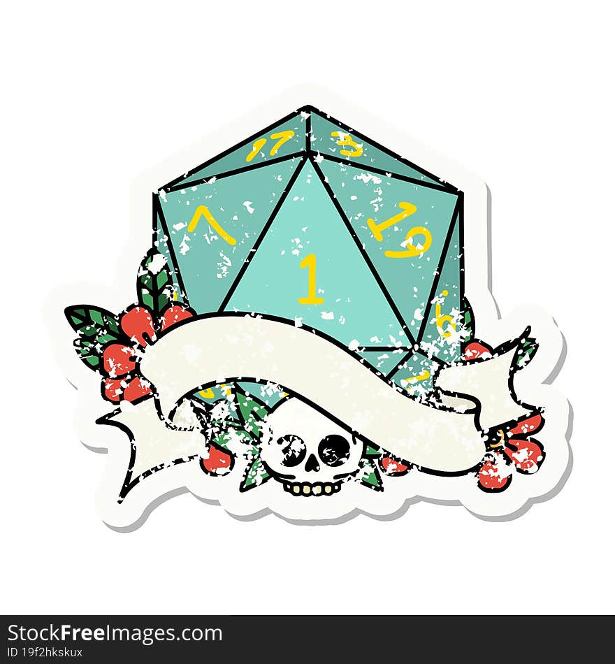 grunge sticker of a natural one d20 dice roll. grunge sticker of a natural one d20 dice roll