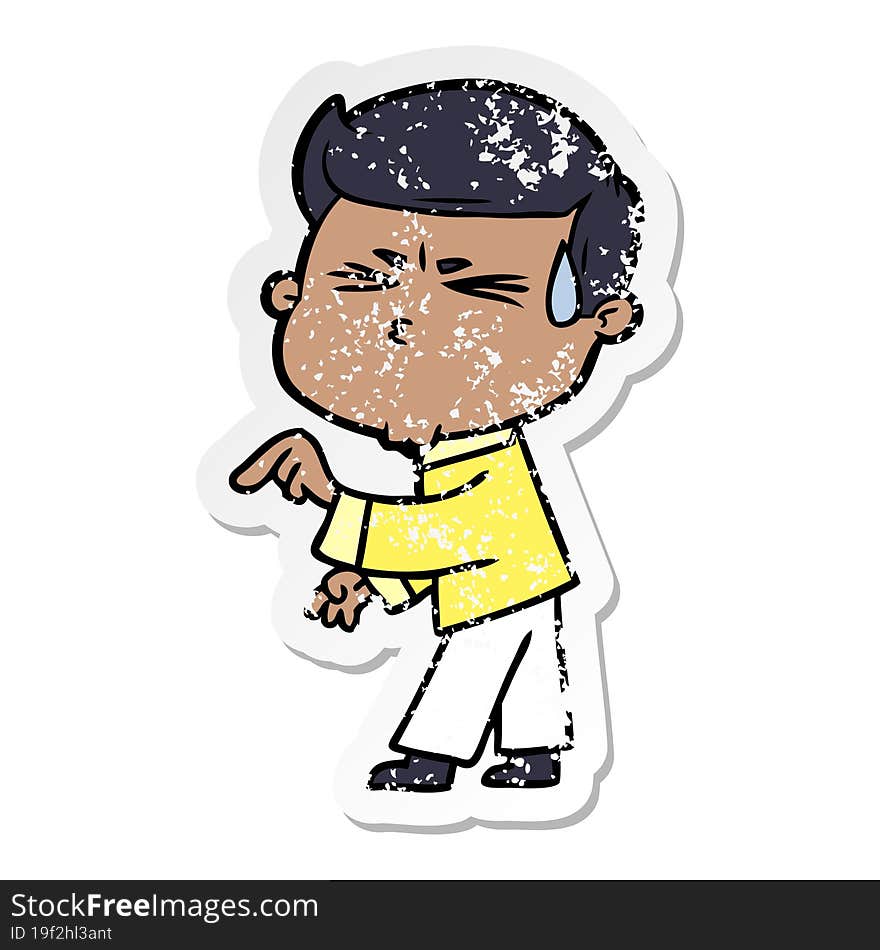 Distressed Sticker Of A Cartoon Man Sweating