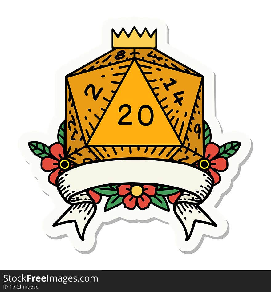 sticker of a natural 20 critical hit D20 dice roll. sticker of a natural 20 critical hit D20 dice roll