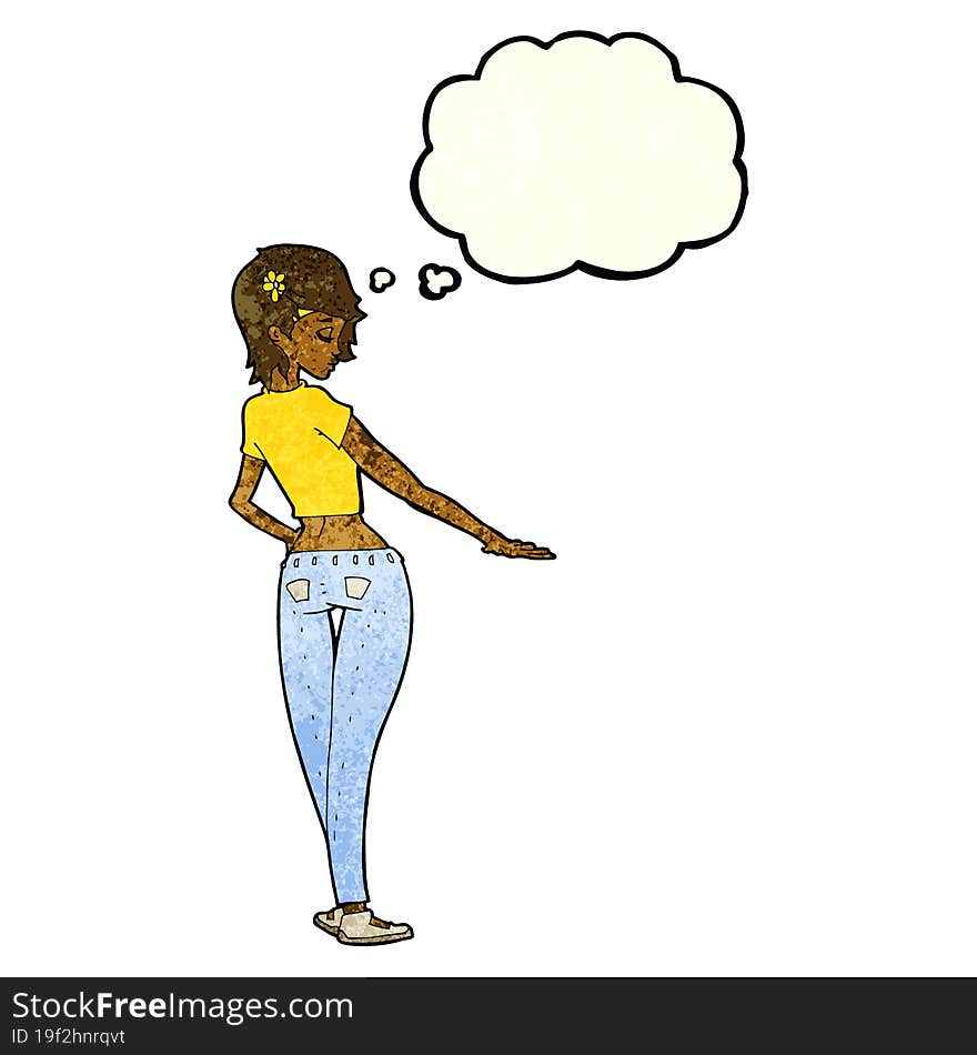 cartoon pretty girl in jeans and tee with thought bubble