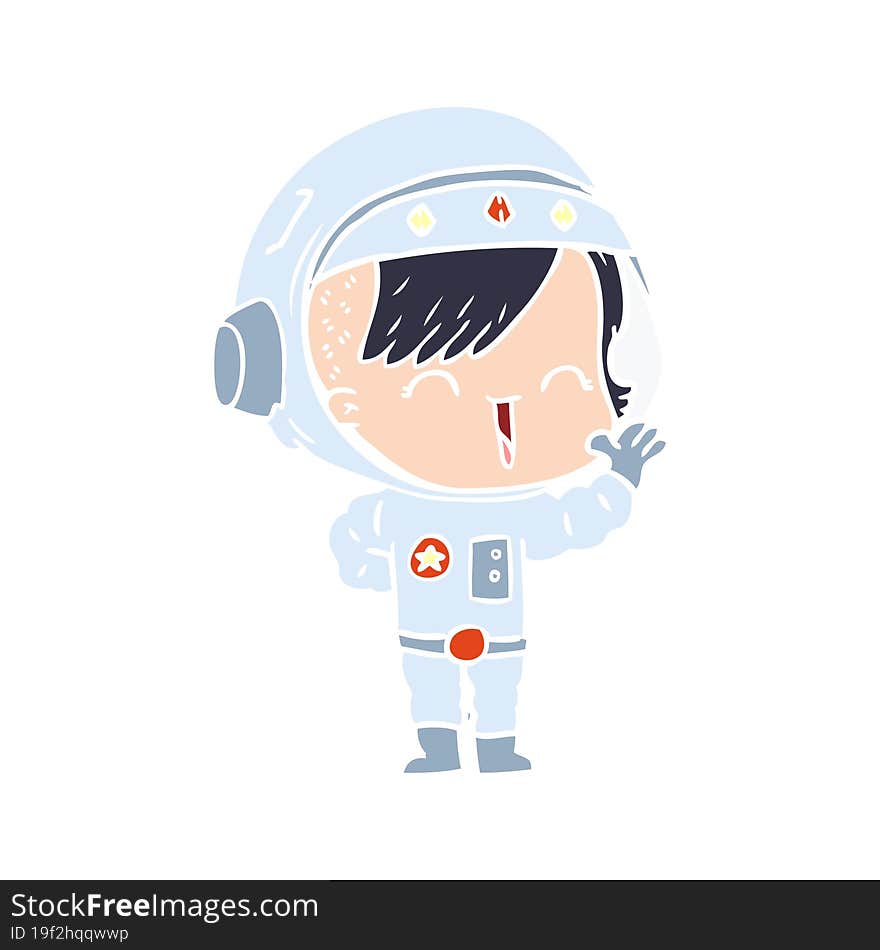 flat color style cartoon happy astronaut girl waving