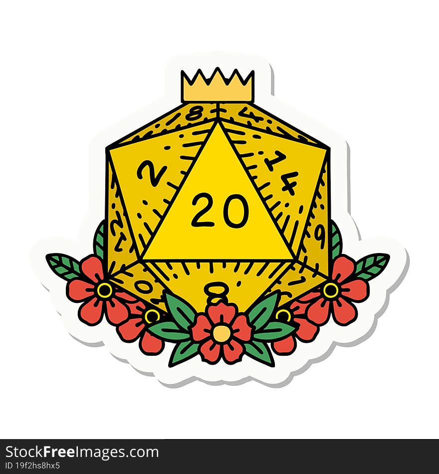 sticker of a natural 20 D20 dice roll with floral elements. sticker of a natural 20 D20 dice roll with floral elements