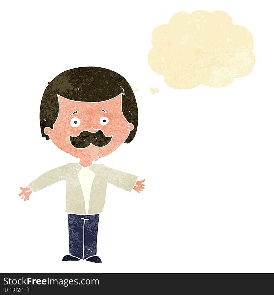 cartoon mustache man with open arms with thought bubble