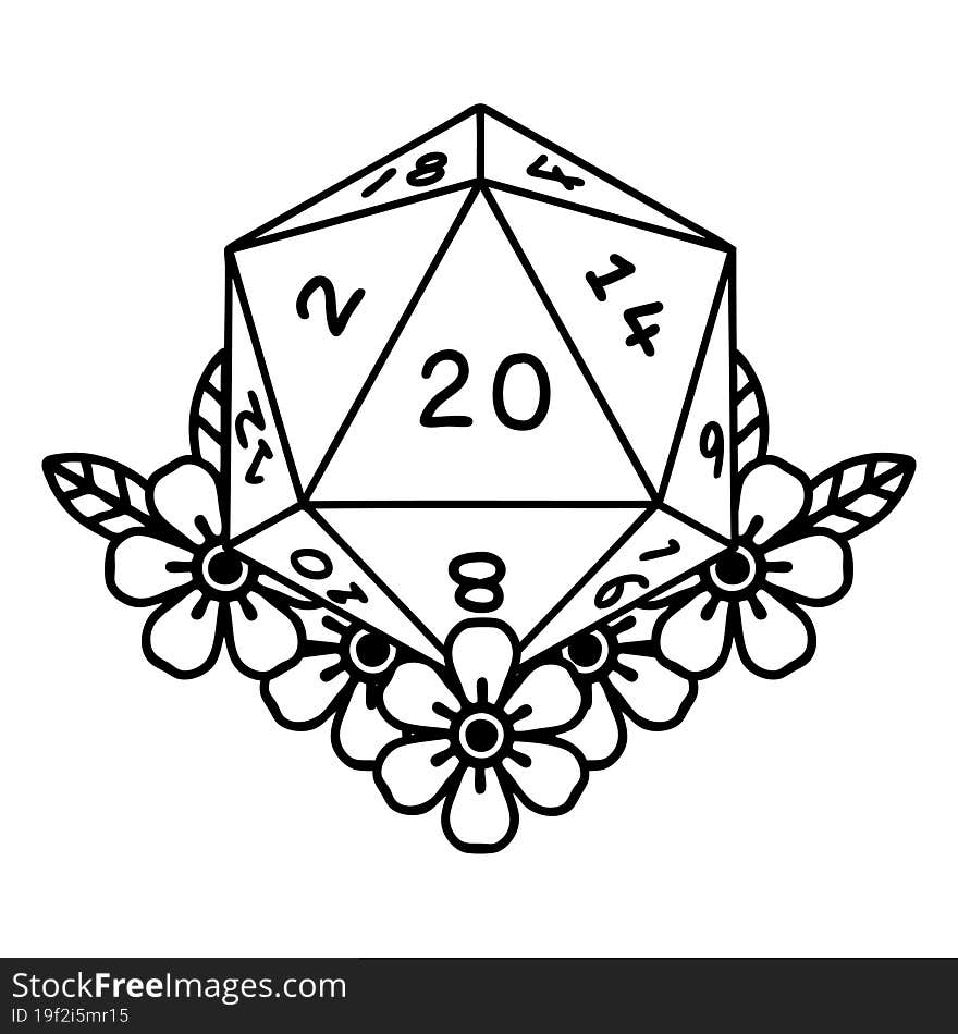 Black and White Tattoo linework Style natural 20 D20 dice roll with floral elements. Black and White Tattoo linework Style natural 20 D20 dice roll with floral elements