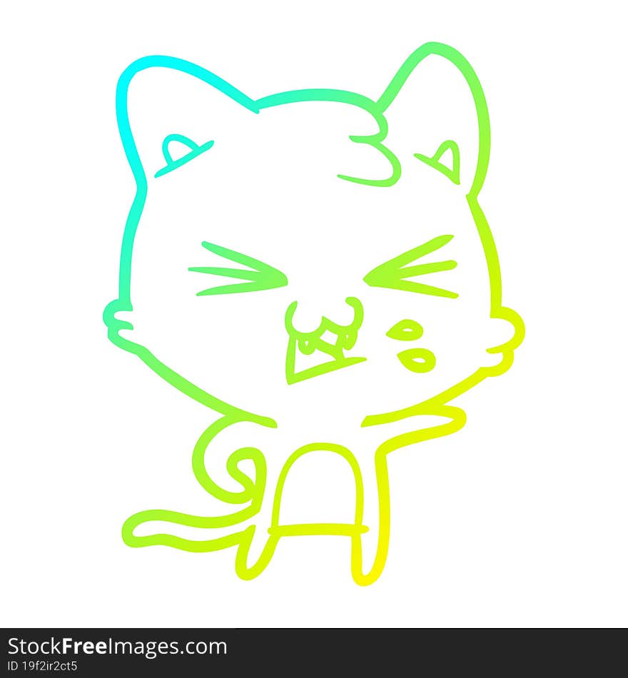 cold gradient line drawing of a cartoon cat hissing