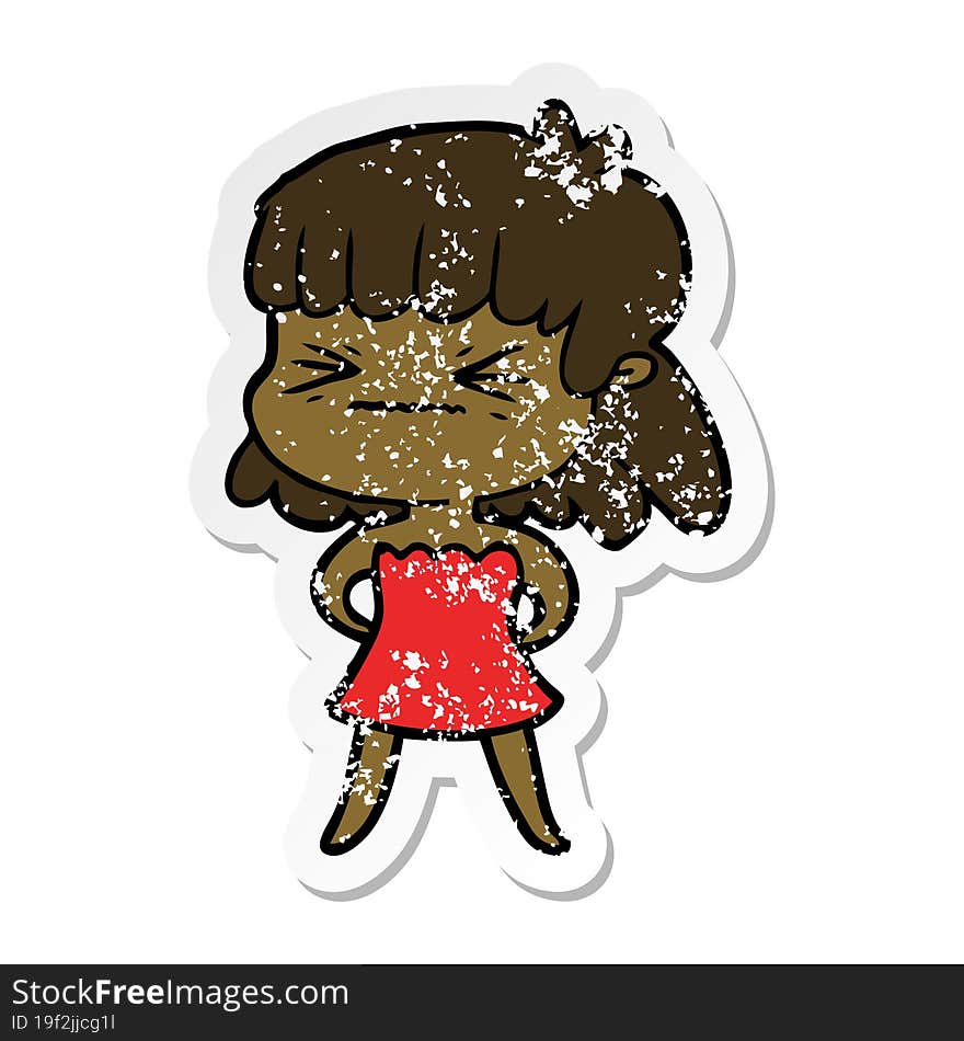 Distressed Sticker Of A Cartoon Angry Girl