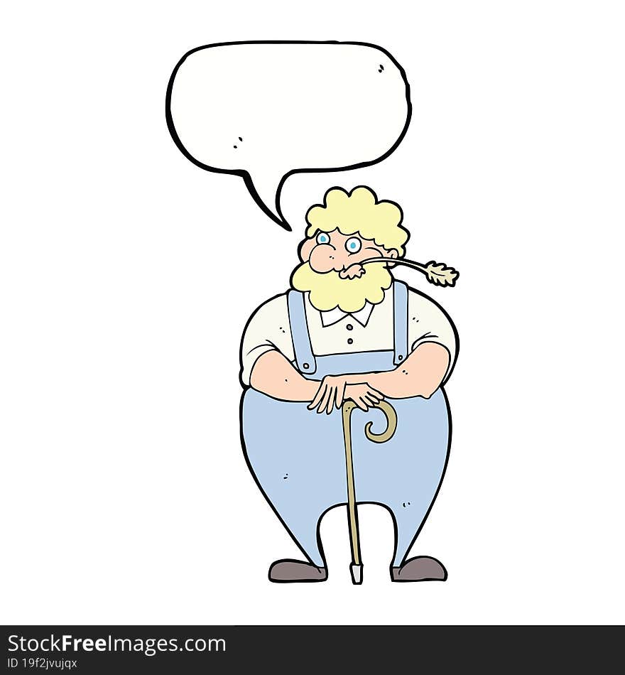 Cartoon Farmer Leaning On Walking Stick With Speech Bubble