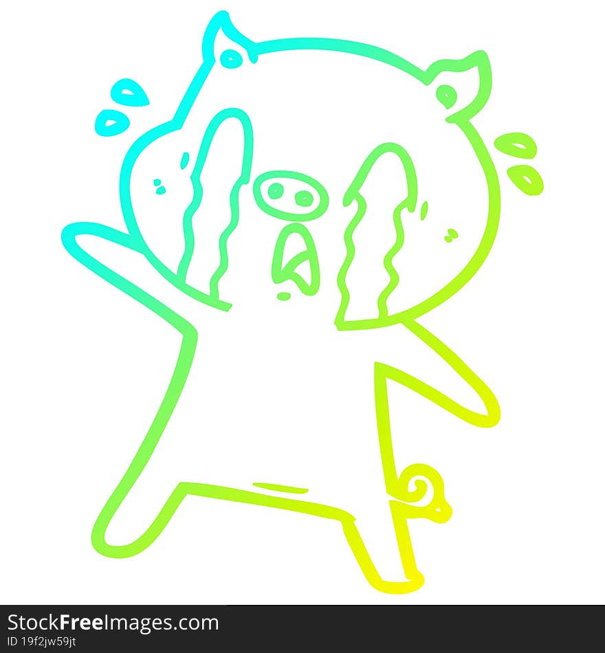 cold gradient line drawing of a crying pig cartoon