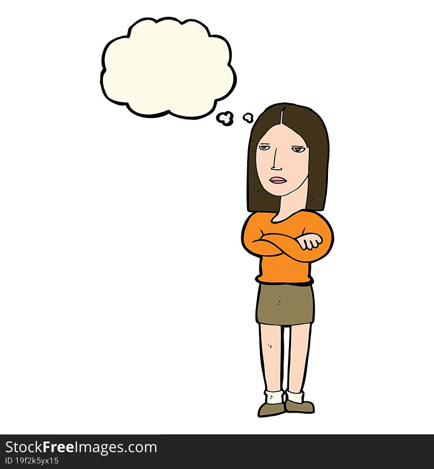 cartoon woman with folded arms with thought bubble