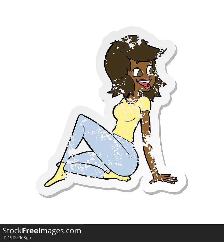 retro distressed sticker of a cartoon pretty woman looking happy