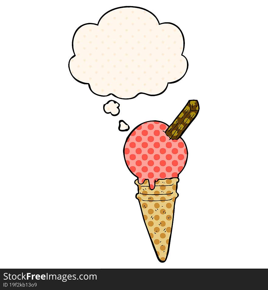 cartoon ice cream and thought bubble in comic book style