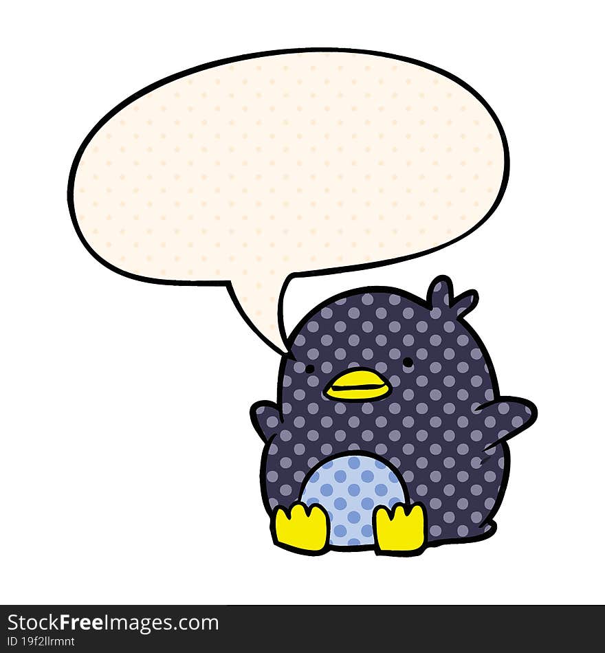 cute cartoon penguin with speech bubble in comic book style