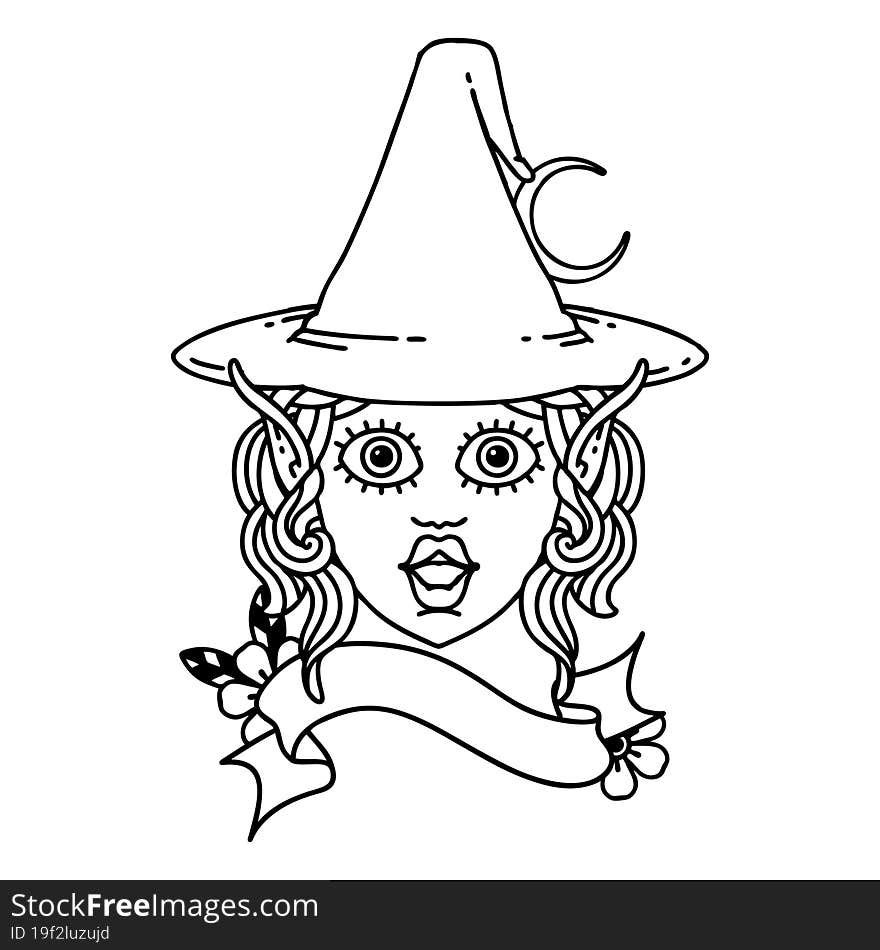 Black and White Tattoo linework Style elf mage character face. Black and White Tattoo linework Style elf mage character face