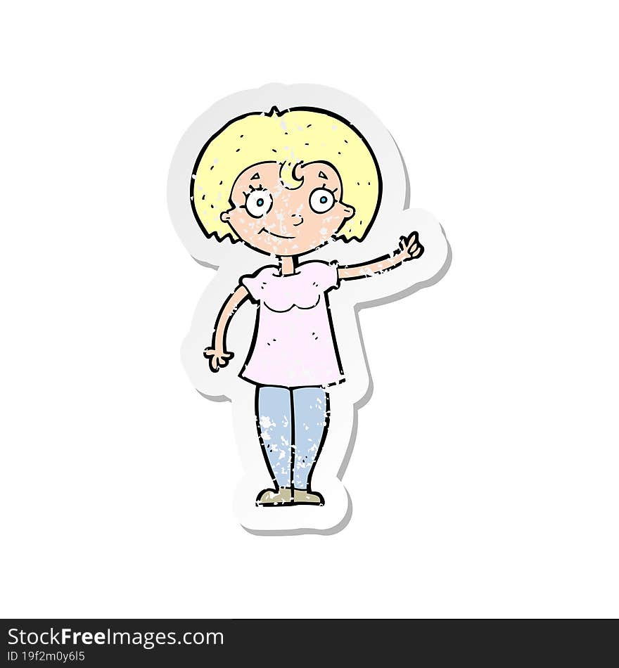 retro distressed sticker of a cartoon happy woman pointing