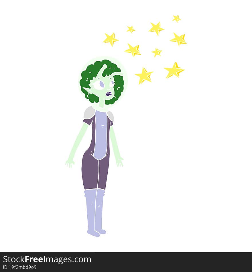 Flat Color Illustration Of A Cartoon Alien Space Girl