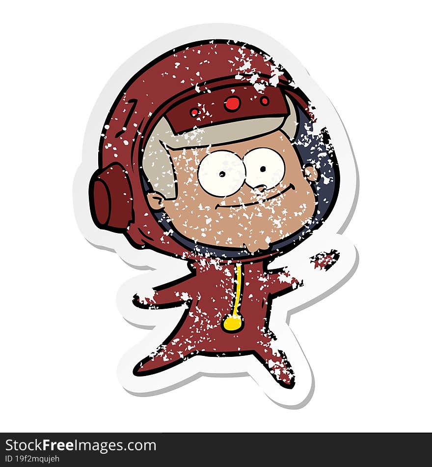 distressed sticker of a happy astronaut cartoon