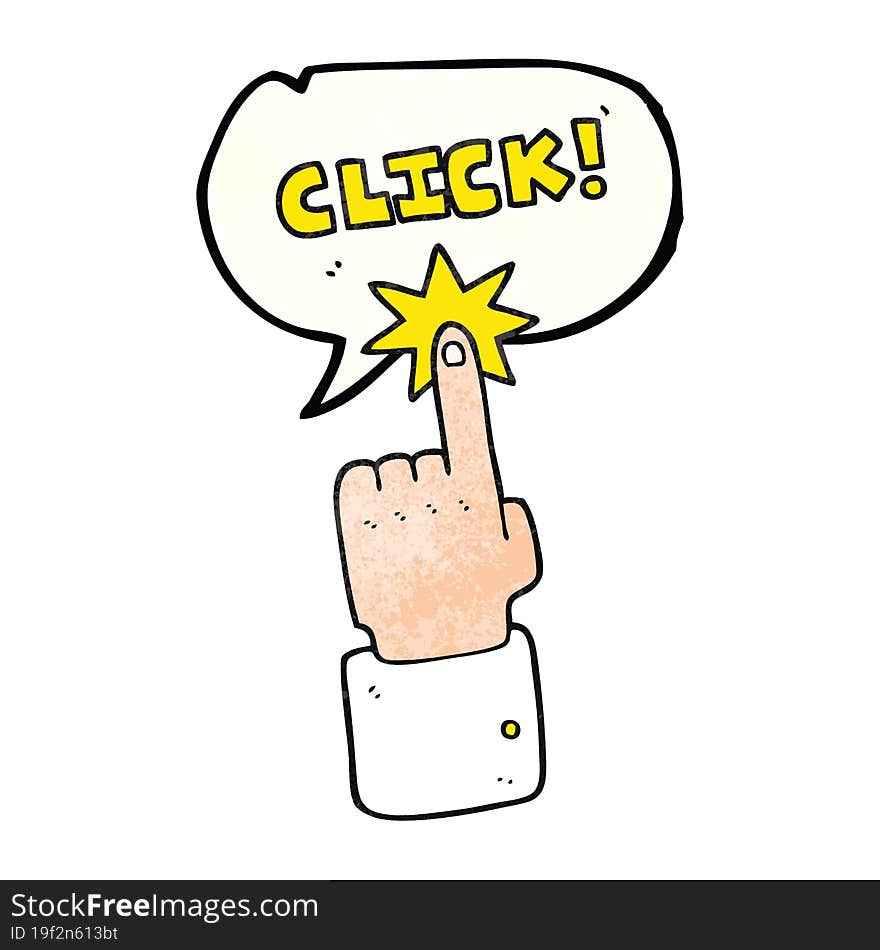 speech bubble textured cartoon click sign with finger