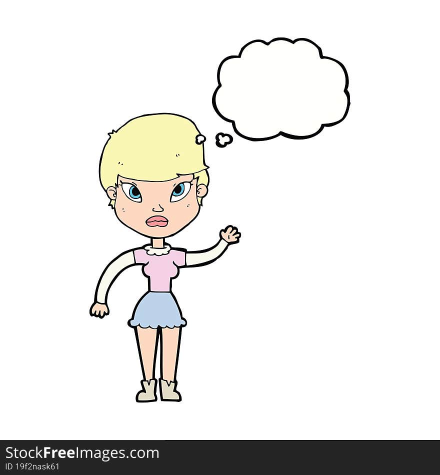 cartoon woman waving with thought bubble