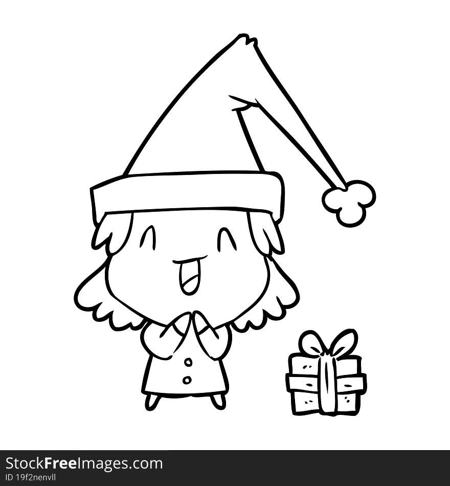 line drawing of a girl wearing christmas hat. line drawing of a girl wearing christmas hat