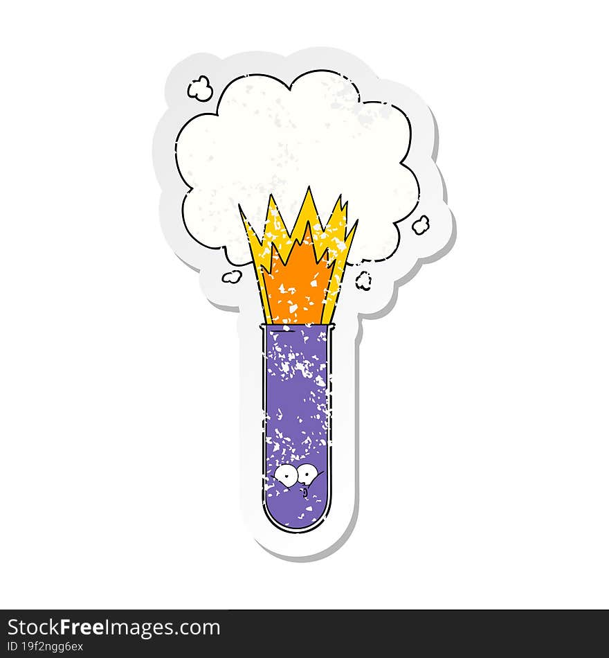 distressed sticker of a cartoon exploding chemicals in test tube