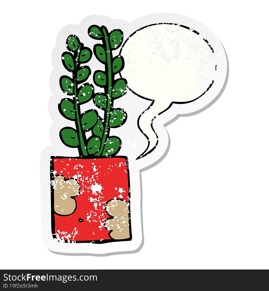 Cartoon Plant And Speech Bubble Distressed Sticker