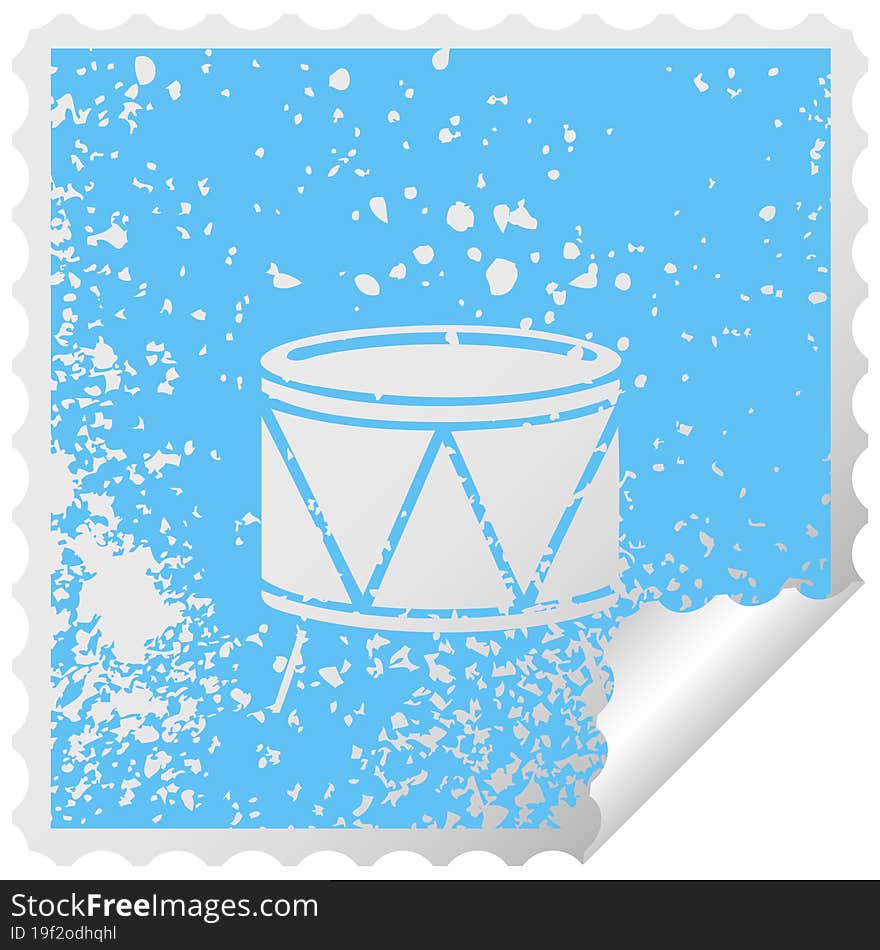 distressed square peeling sticker symbol of a drum