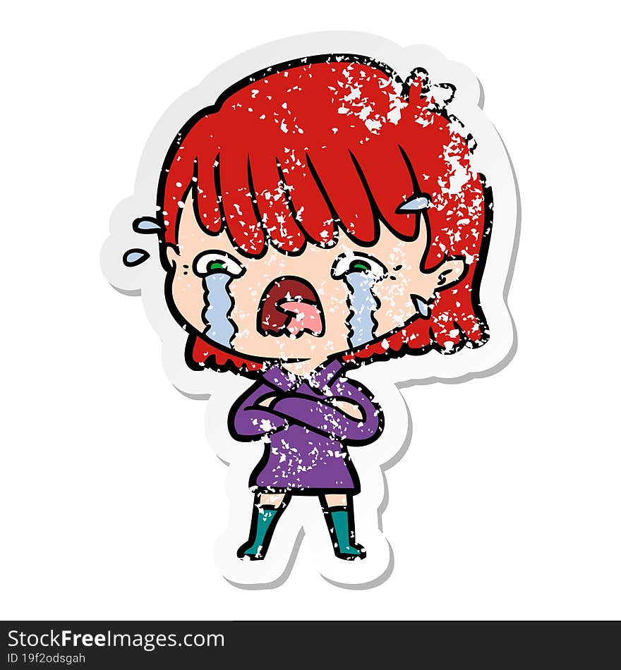 Distressed Sticker Of A Cartoon Girl Crying