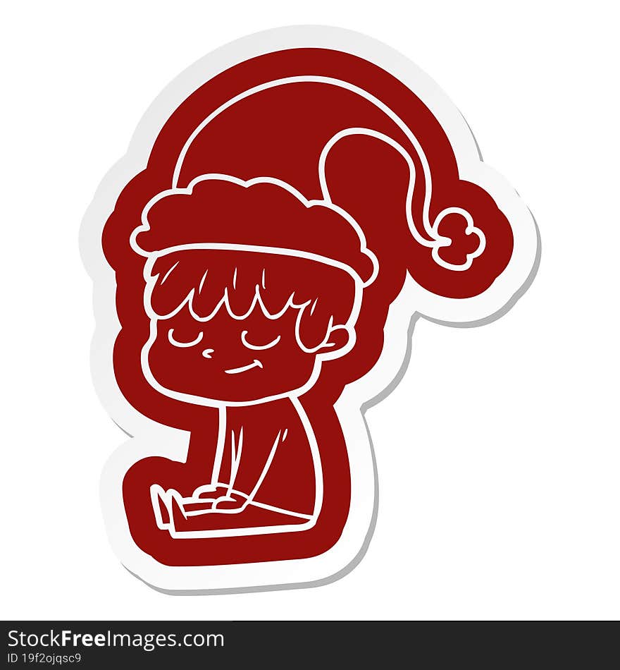 Cartoon  Sticker Of A Happy Boy Wearing Santa Hat