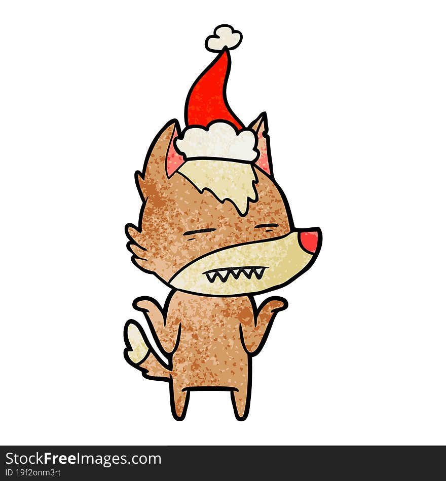 hand drawn textured cartoon of a wolf showing teeth wearing santa hat