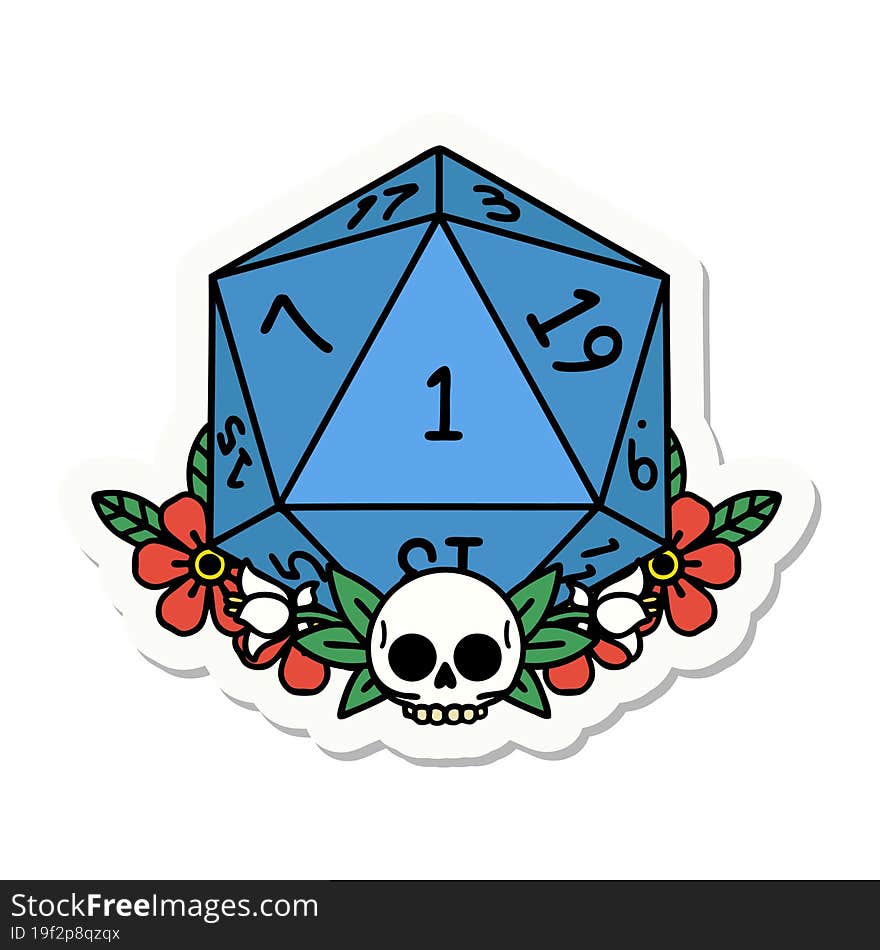 sticker of a natural one dice roll with floral elements. sticker of a natural one dice roll with floral elements