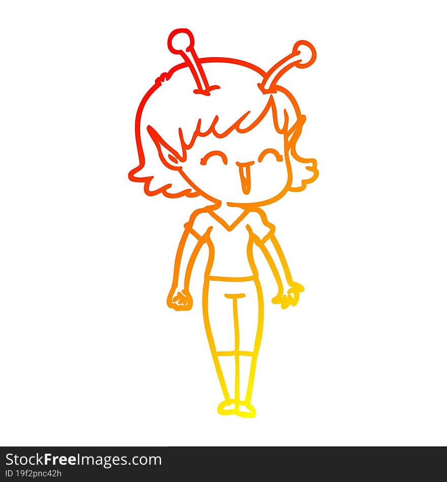 warm gradient line drawing of a cartoon alien girl laughing