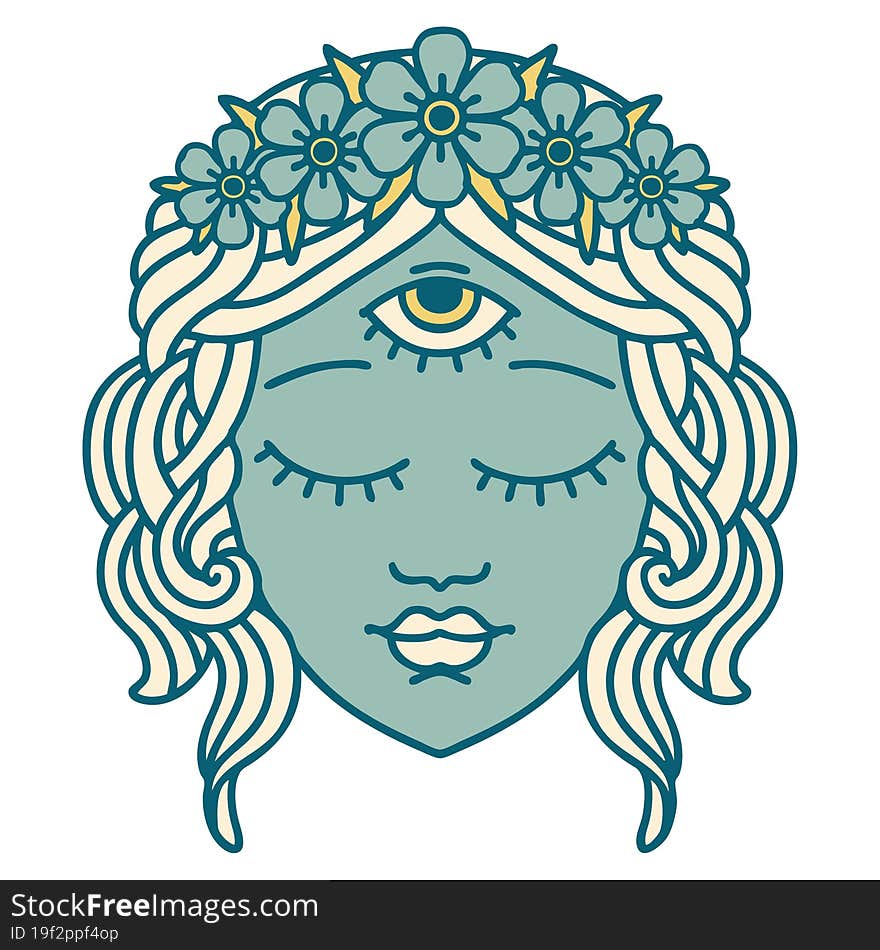 iconic tattoo style image of female face with third eye and crown of flowers. iconic tattoo style image of female face with third eye and crown of flowers