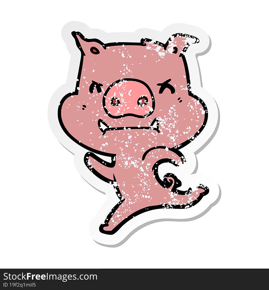 distressed sticker of a angry cartoon pig charging