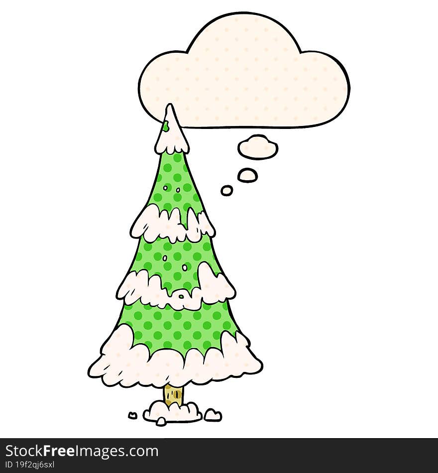 cartoon christmas tree with thought bubble in comic book style